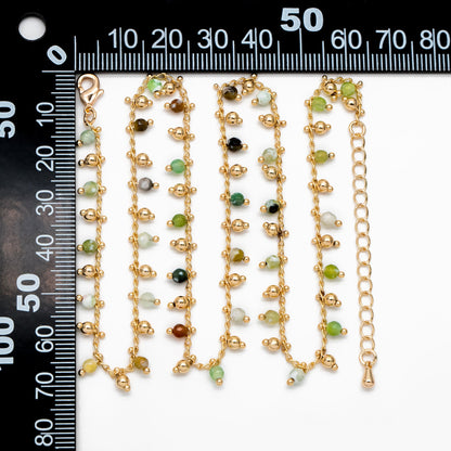 Beaded Bracelet/ Anklet/ Necklace with Extender, Green Gemstone Bead Chain, 18K Gold plated Brass, Adjustable Ready to Wear (#LK-456)