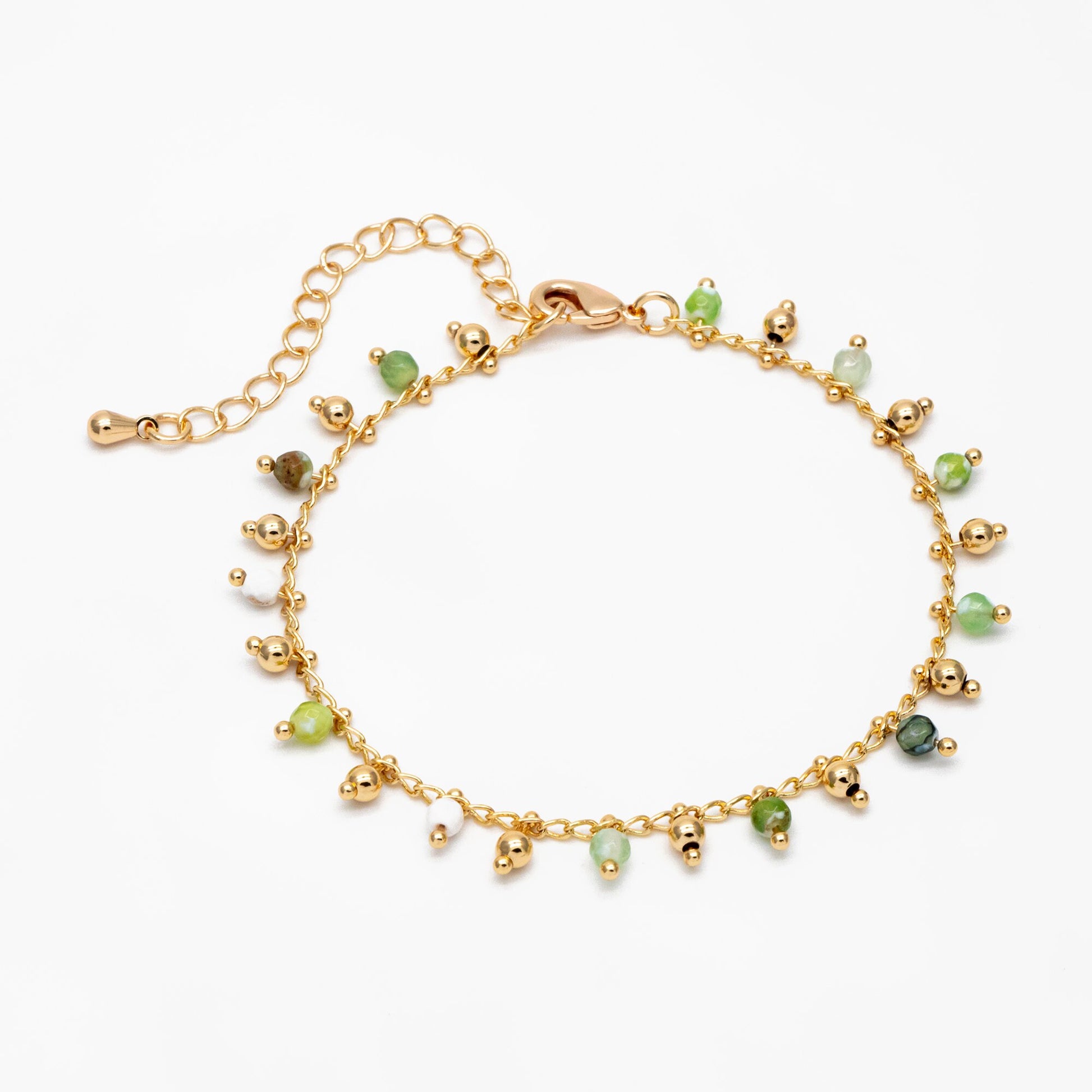 Beaded Bracelet/ Anklet/ Necklace with Extender, Green Gemstone Bead Chain, 18K Gold plated Brass, Adjustable Ready to Wear (#LK-456)