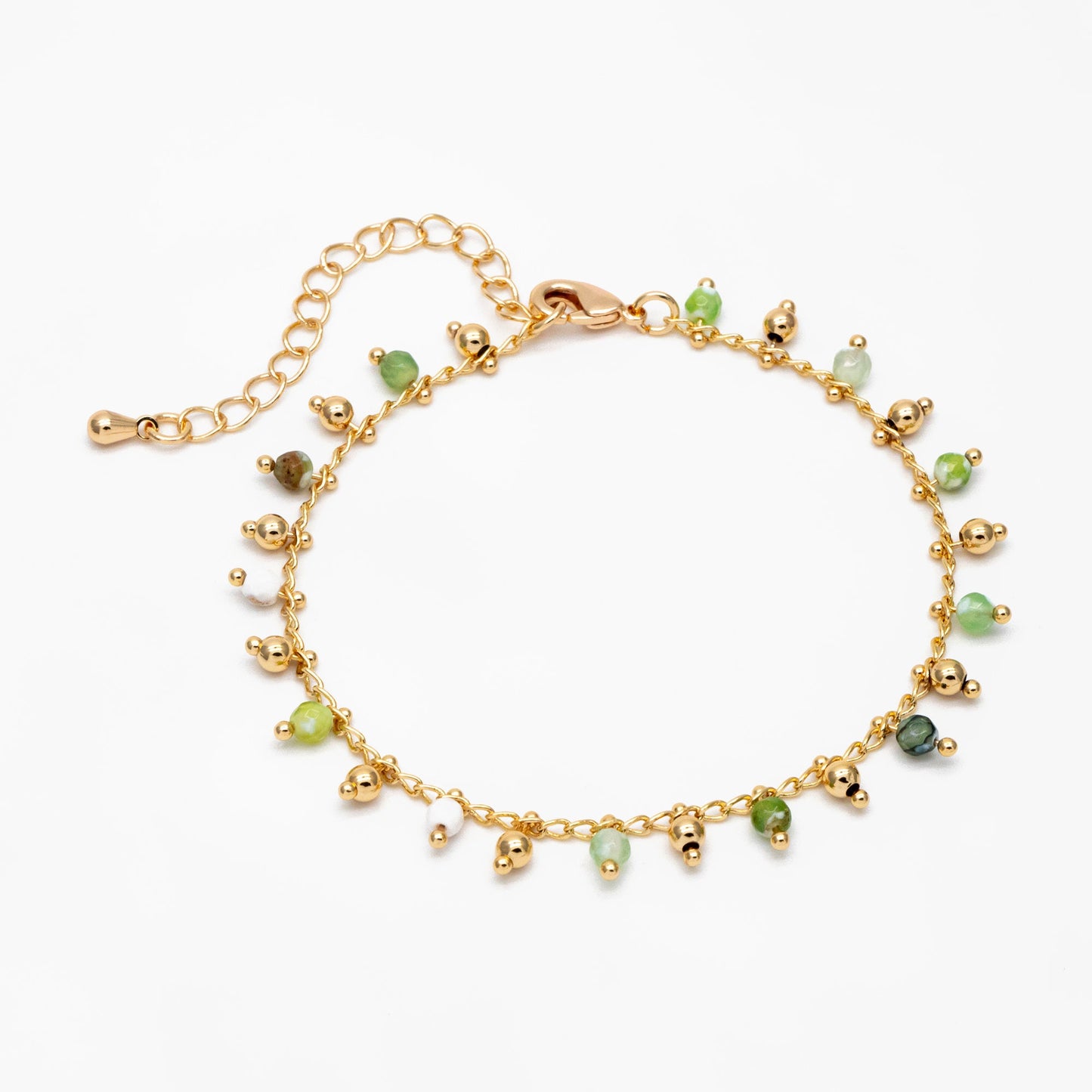 Beaded Bracelet/ Anklet/ Necklace with Extender, Green Gemstone Bead Chain, 18K Gold plated Brass, Adjustable Ready to Wear (#LK-456)