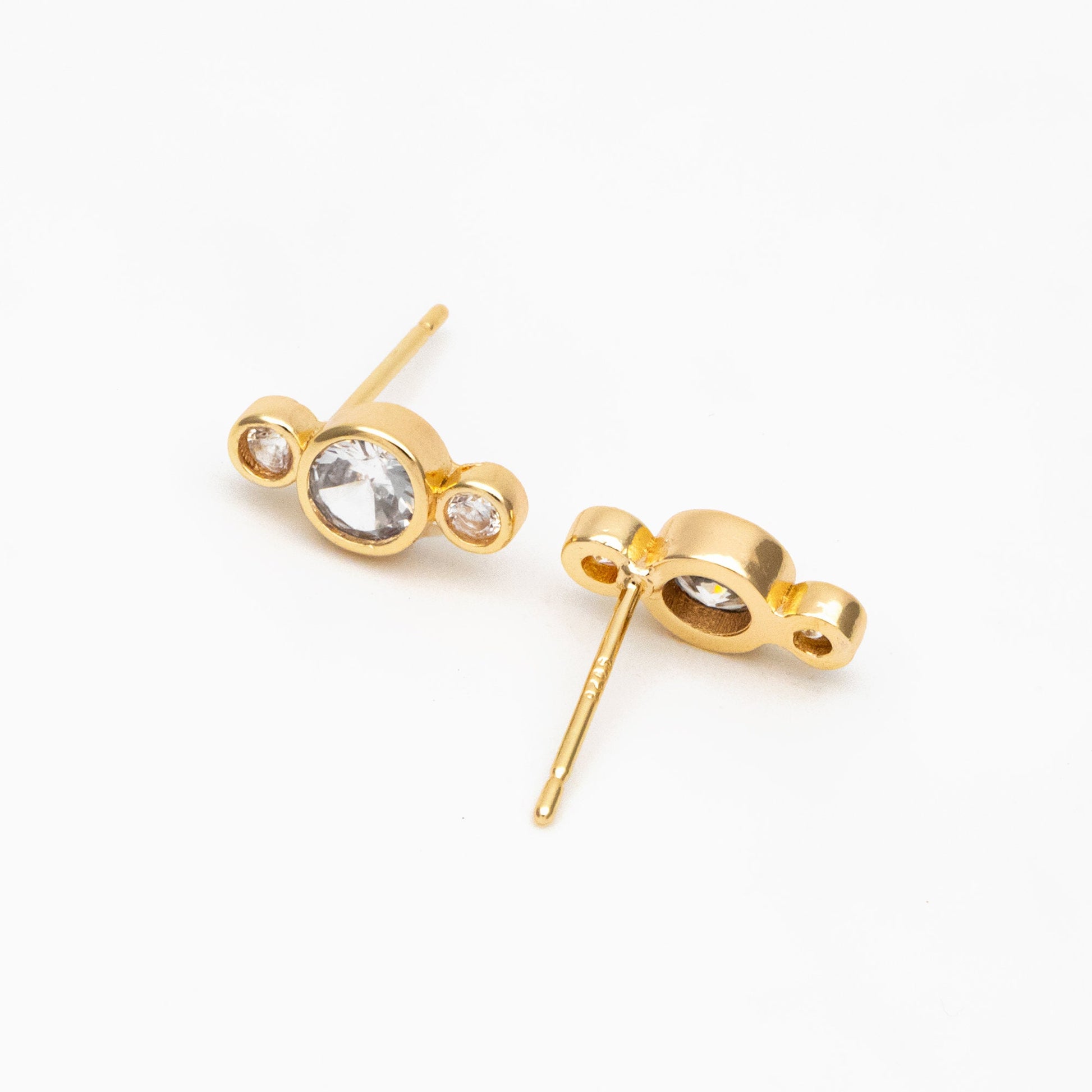 10pcs CZ Pave Trio Round Ear Posts 12x5.5mm, Gold Plated Brass Dainty Stud Earrings (GB-3765)