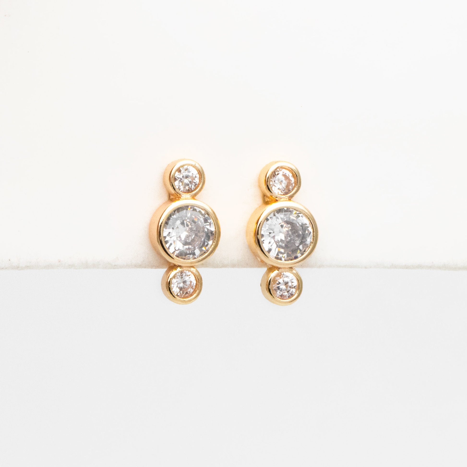 10pcs CZ Pave Trio Round Ear Posts 12x5.5mm, Gold Plated Brass Dainty Stud Earrings (GB-3765)