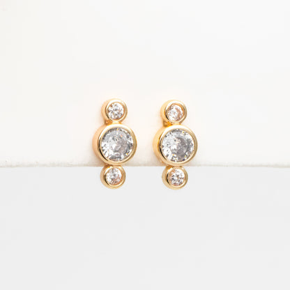 10pcs CZ Pave Trio Round Ear Posts 12x5.5mm, Gold Plated Brass Dainty Stud Earrings (GB-3765)