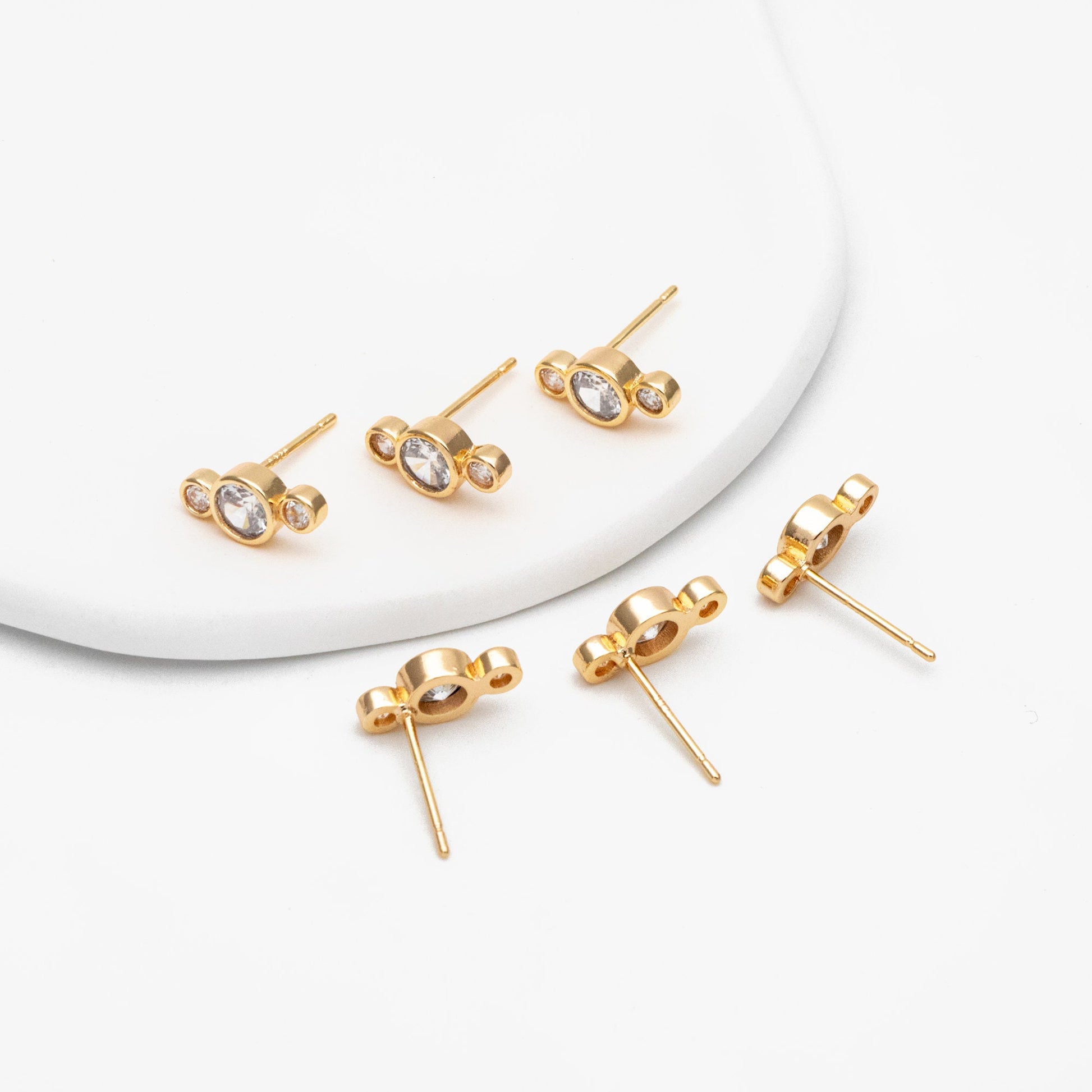 4pcs CZ Pave Trio Round Ear Posts 12x5.5mm, Gold Plated Brass Dainty Stud Earrings (GB-3671-E)