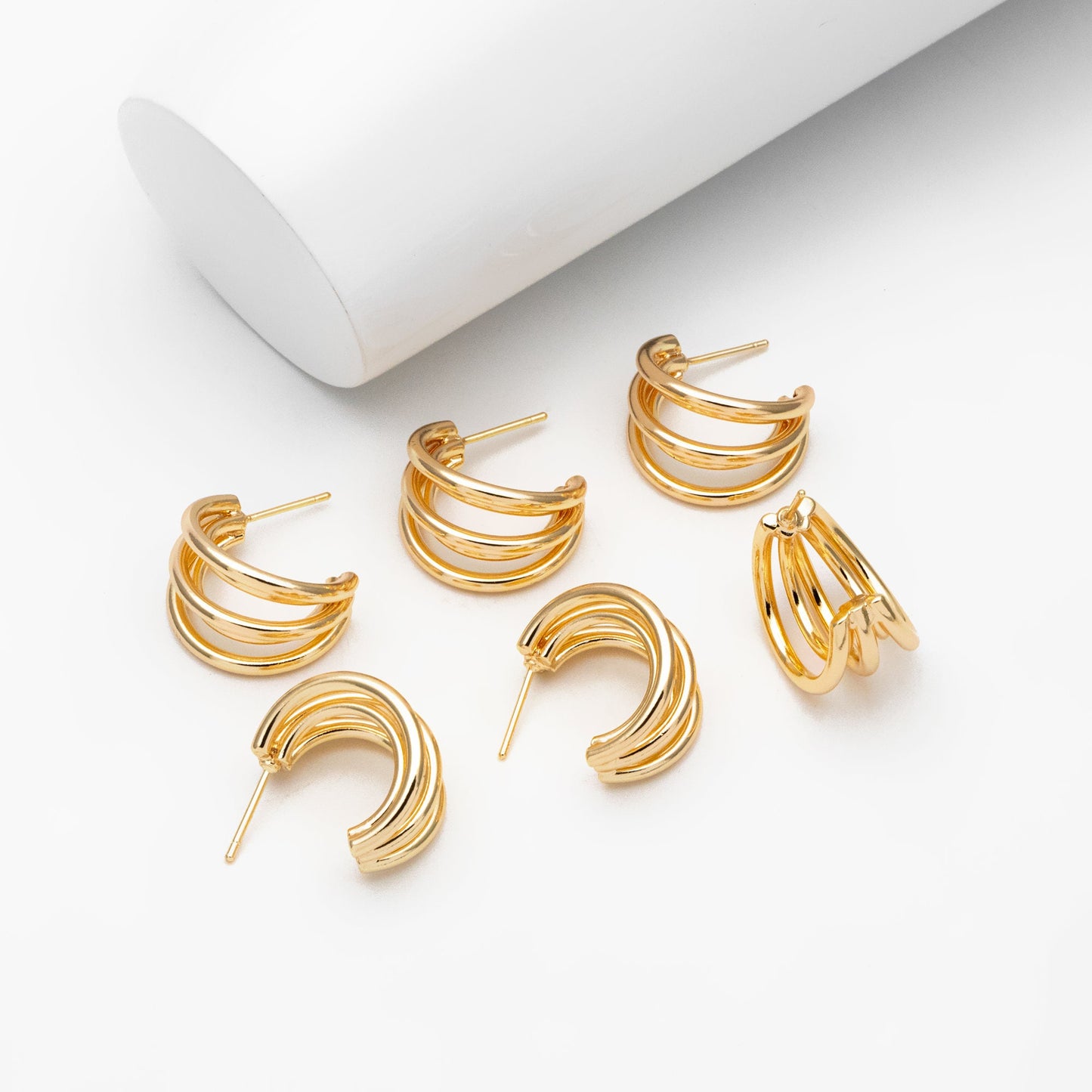 4pcs Gold Five Band Hoop Stud Earrings, Gold plated Brass, Round Circle Earrings (GB-3766)