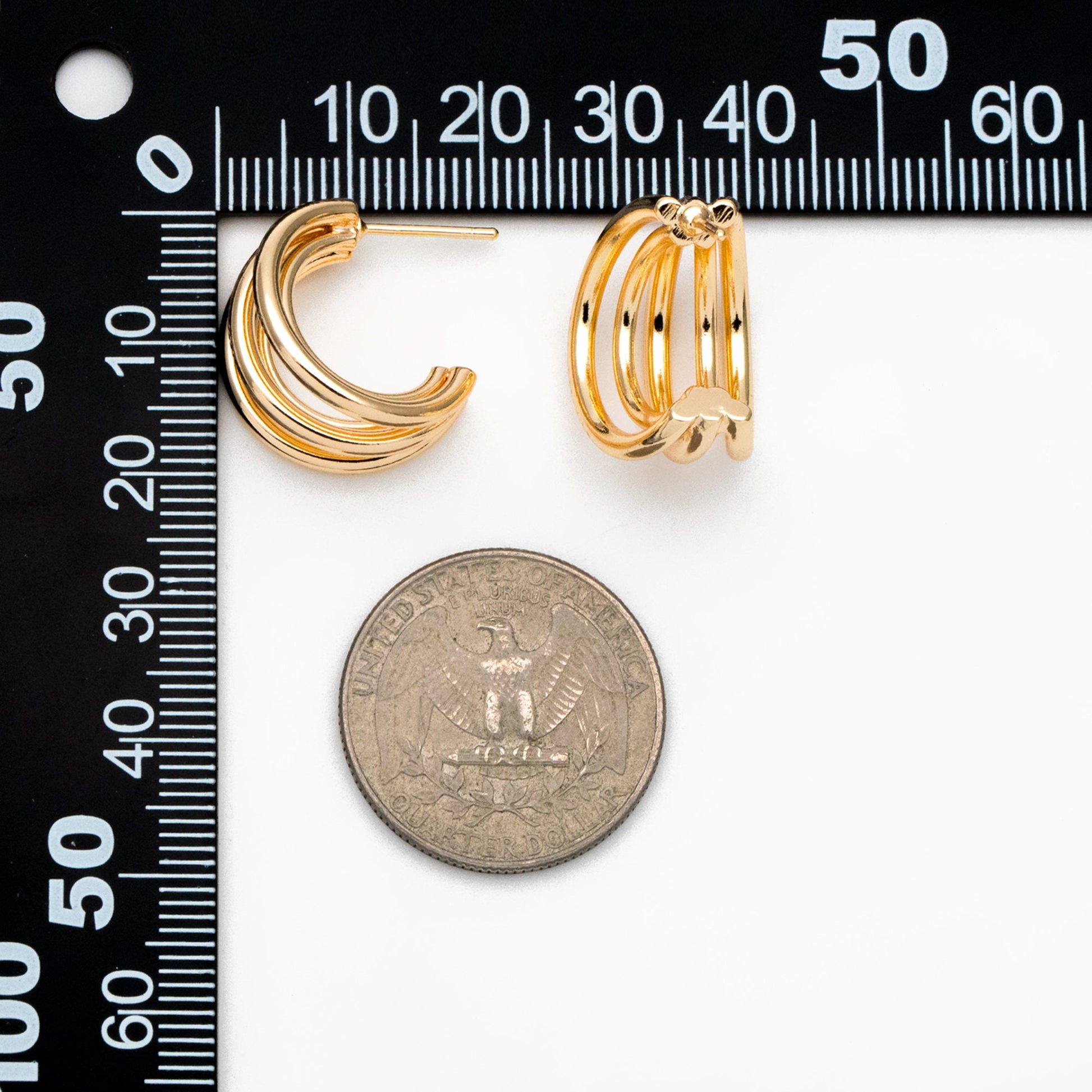 4pcs Gold Five Band Hoop Stud Earrings, Gold plated Brass, Round Circle Earrings (GB-3766)