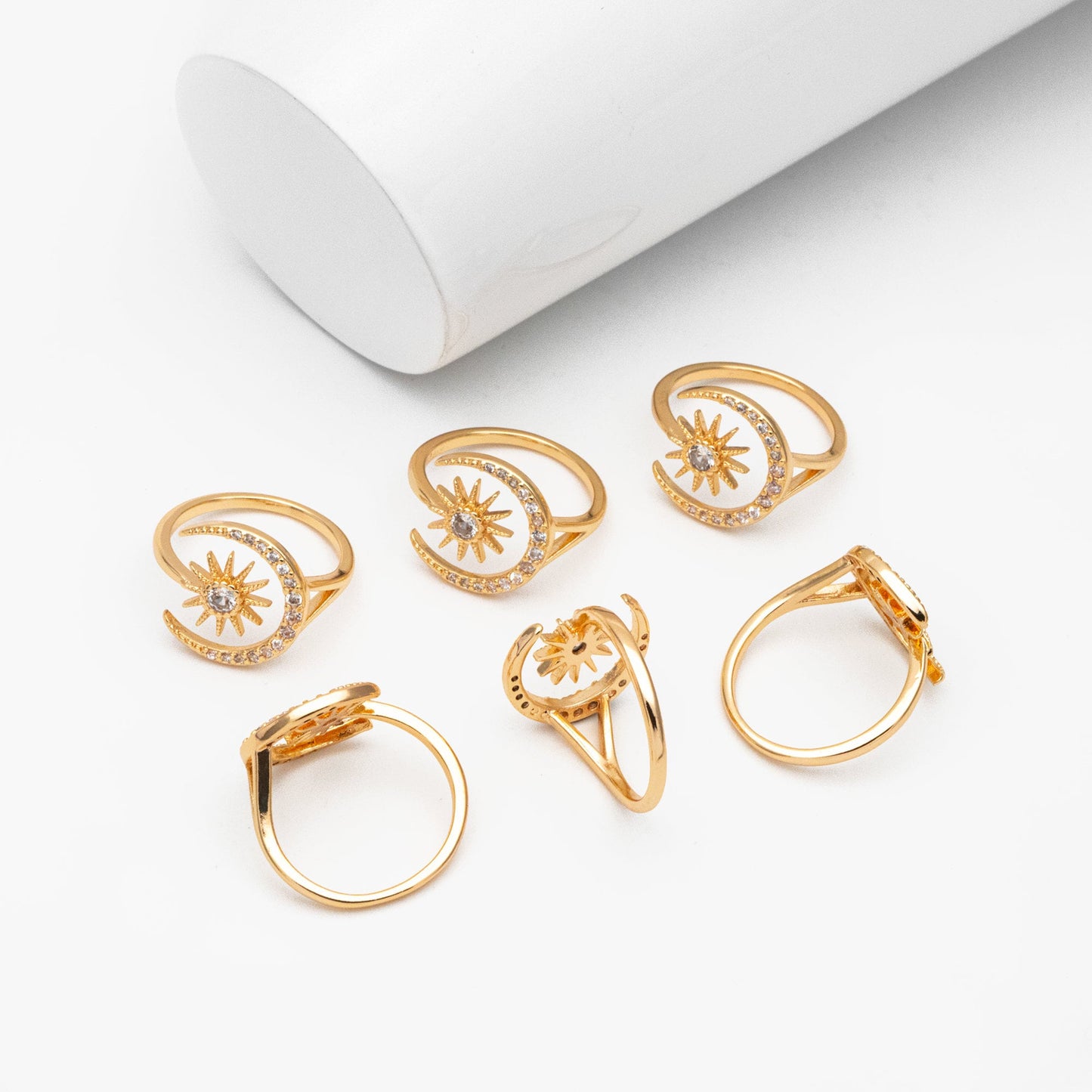 4pcs CZ Pave Gold Sun and Moon Ring, Celestial Ring, Dainty Rings, Adjustable Ring, Open Band Statement Ring (#GB-3727)