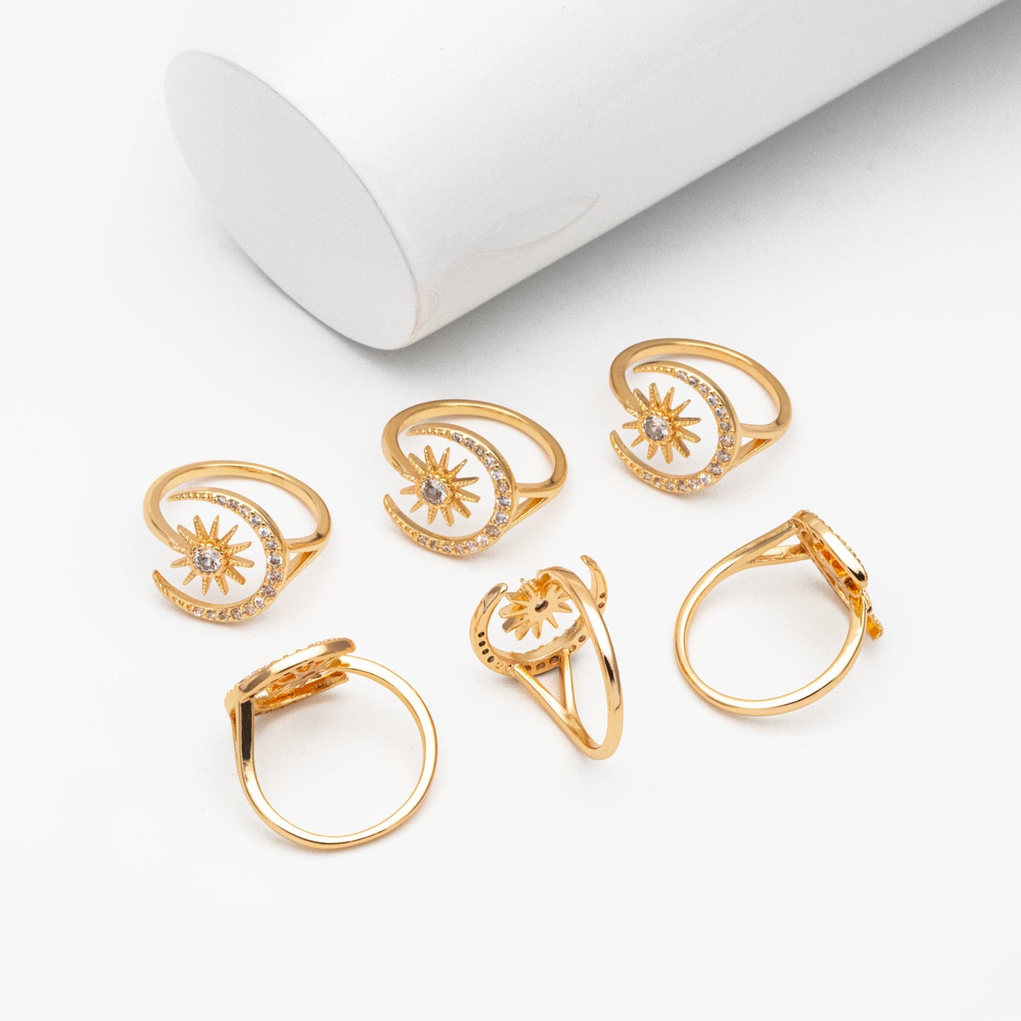 4pcs CZ Pave Gold Sun and Moon Ring, Celestial Ring, Dainty Rings, Adjustable Ring, Open Band Statement Ring (#JZ-024-B)