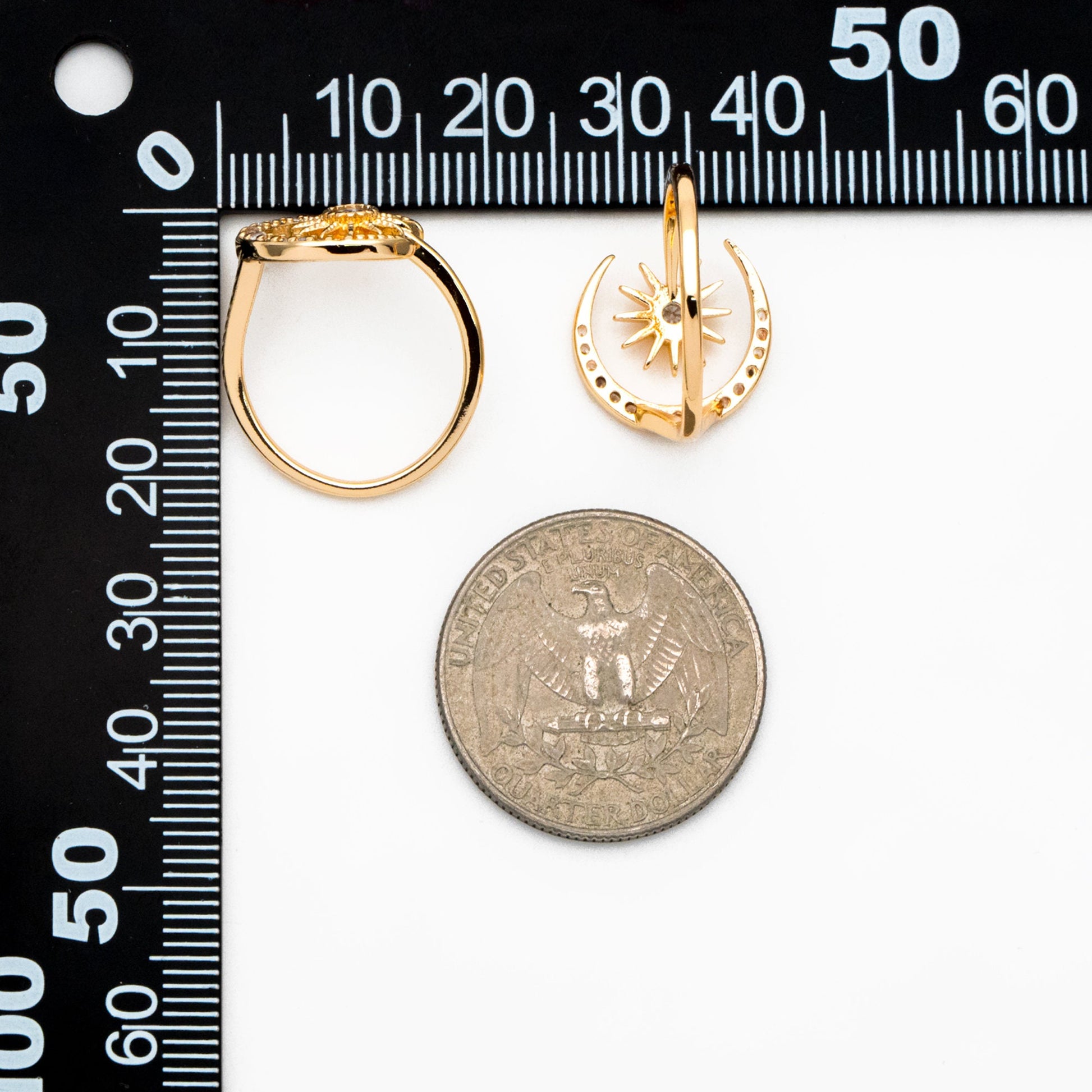 4pcs CZ Pave Gold Sun and Moon Ring, Celestial Ring, Dainty Rings, Adjustable Ring, Open Band Statement Ring (#GB-3727)