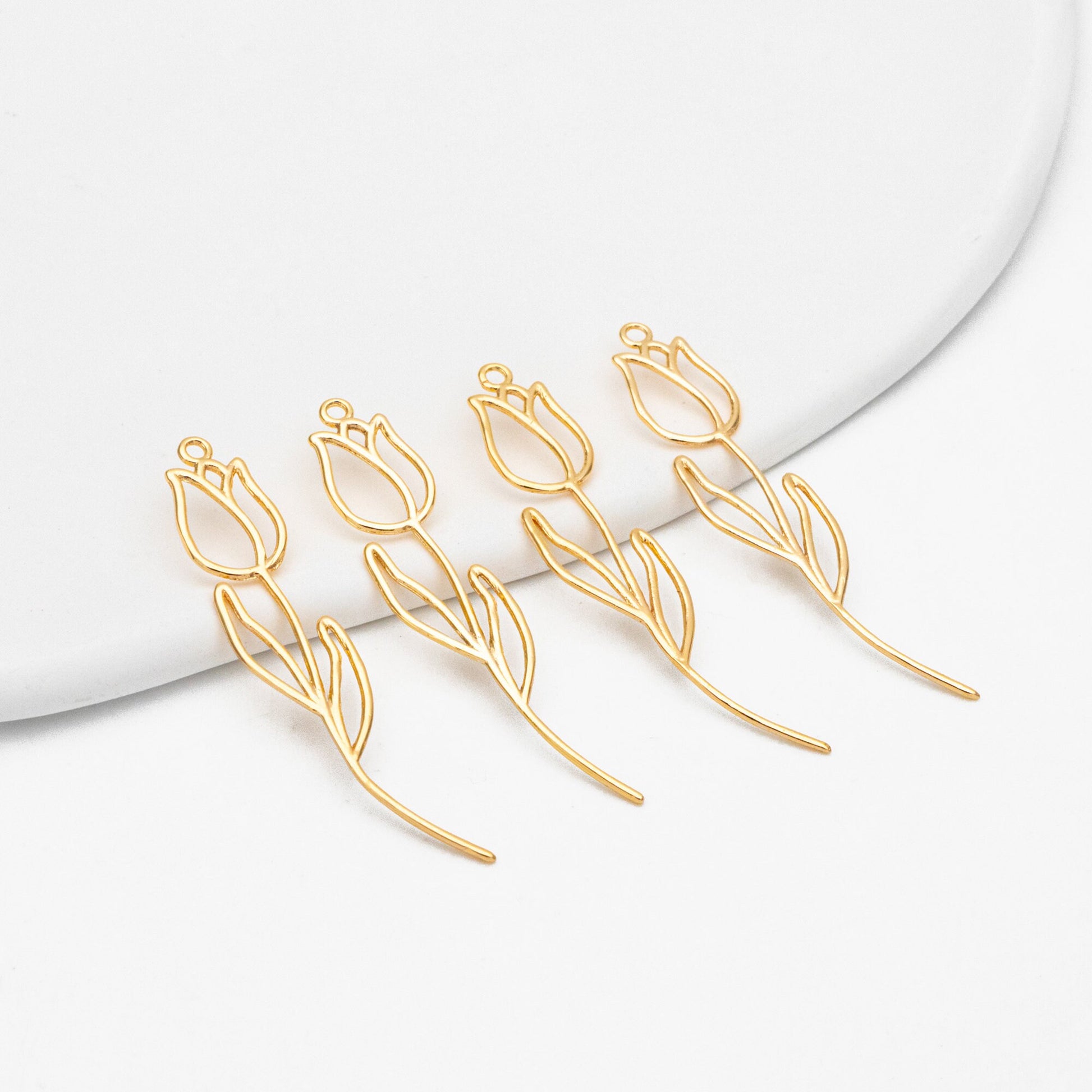 10pcs Gold Hollow Tulip Charms, 18K Gold plated Brass, Flower Earring Pendants (GB-4425-H)