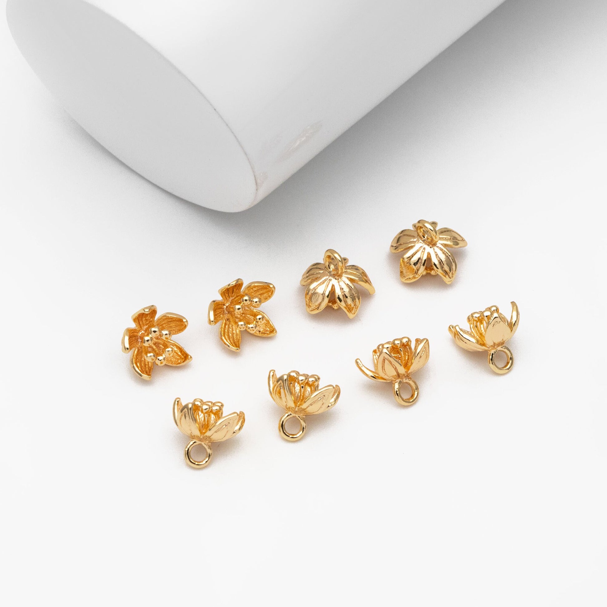 10pcs Gold Flower Charms 8x9mm, 18K Real Gold plated Brass, Floral Earring Pendants (GB-1103-C)