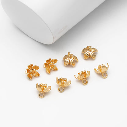 10pcs Gold Flower Charms 8x9mm, 18K Real Gold plated Brass, Floral Earring Pendants (GB-1103-C)