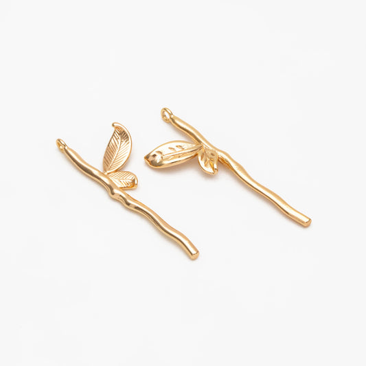 10pcs Gold Plated Branch Leaf Charms: Jewelry Making Supplies, 34x11mm (GB-3770-E)