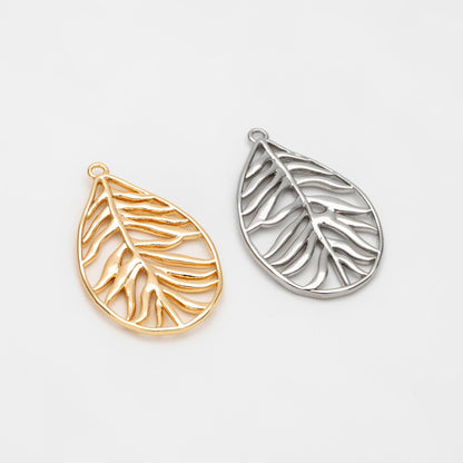 10pcs Gold/ Silver Hollow Leaf Pendants 27x17mm, 18K Gold/ Rhodium plated Brass Leaf Charms (GB-3057-B)