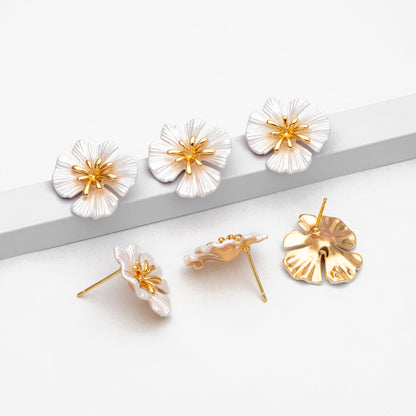 4pcs White Flower Earring with Loop, Gold Plated Brass, Jewelry Making, Diy Material, Jewelry Supplies (GB-3731)