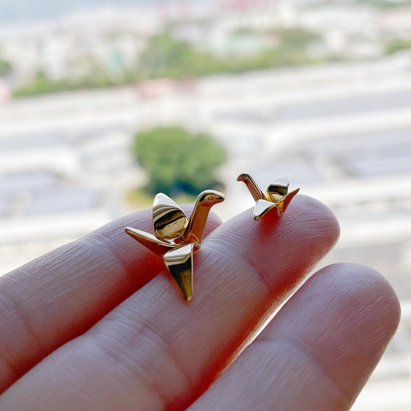 10pcs Origami Paper Crane Charms, Real Gold plated Brass Bird Beads 14/24mm, with A Hole Drilled Through (GB-072)