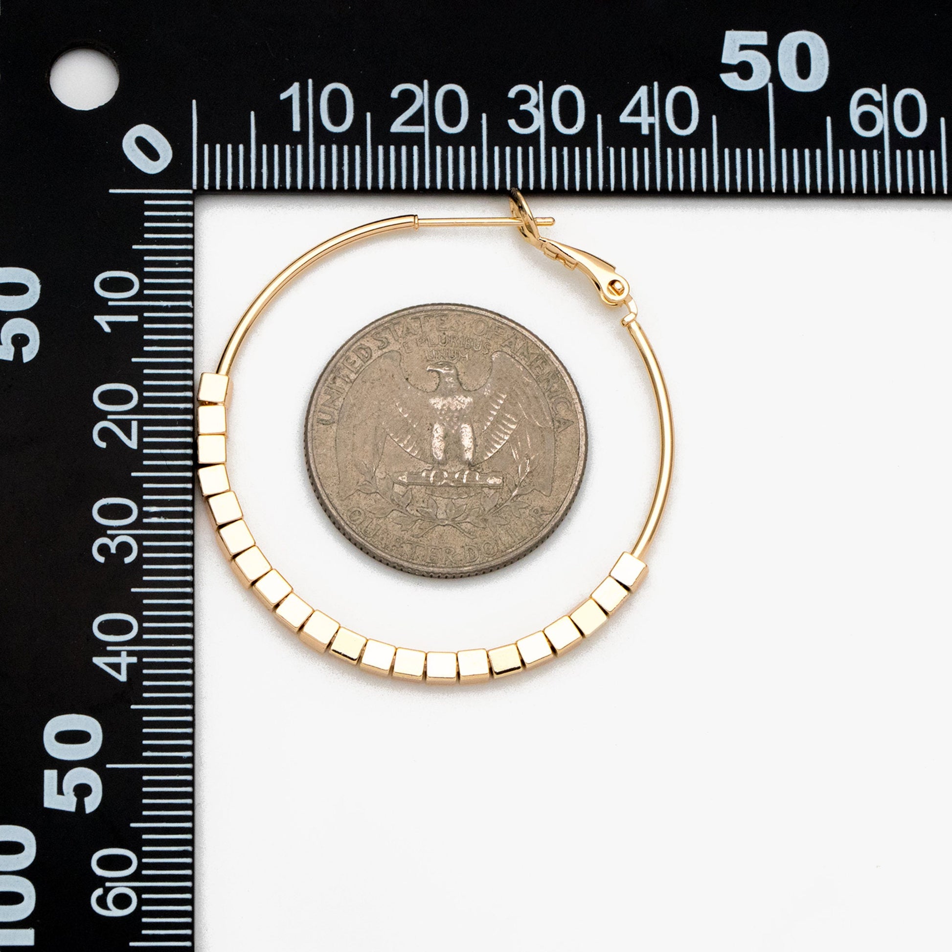 4pcs Gold Cube Beaded Hoop Earrings 40mm, 18K Gold plated Brass, Geometric Hoop Earrings (GB-3785)