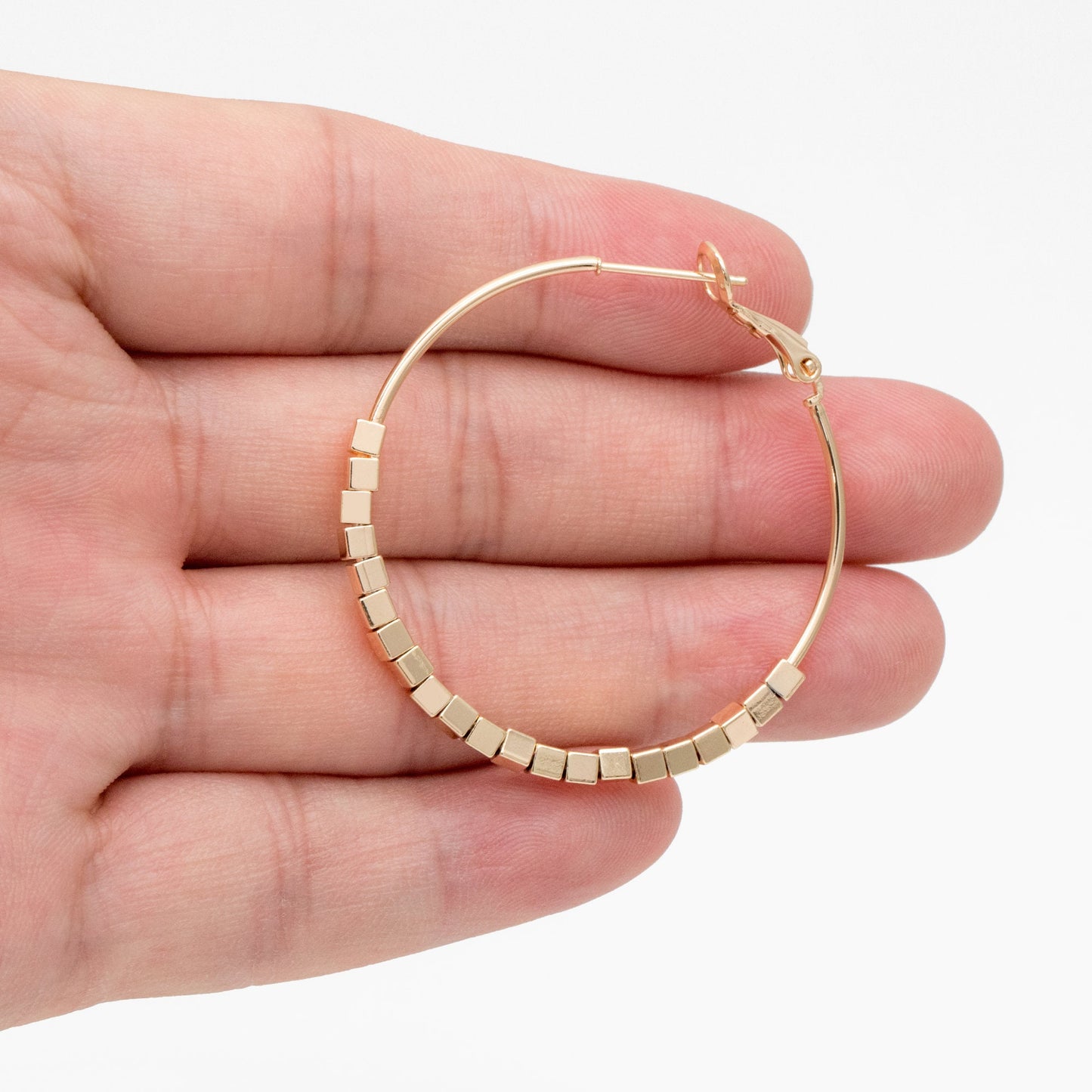 4pcs Gold Cube Beaded Hoop Earrings 40mm, 18K Gold plated Brass, Geometric Hoop Earrings (GB-3785)
