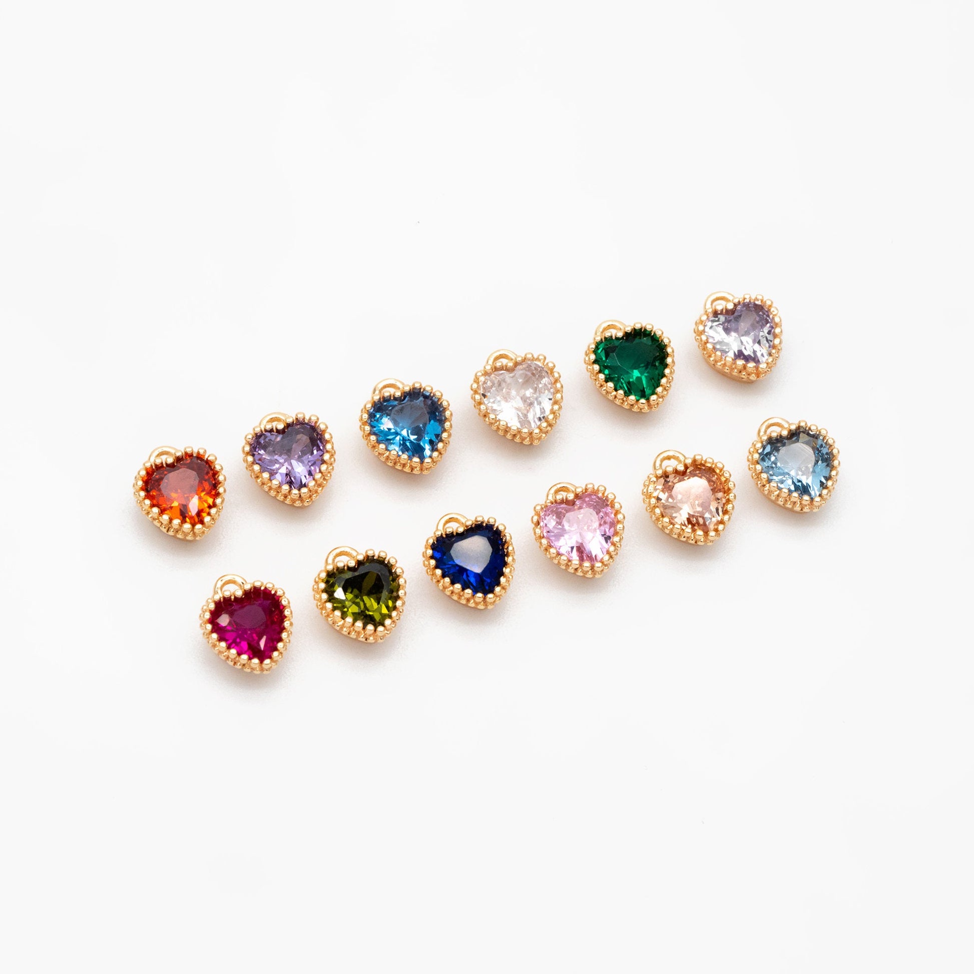 10pcs CZ Pave Heart Birthstone Charms 8x6mm, Gold Plated Brass Crystal Charms, Diy Jewelry Making Supplies (GB-3755)
