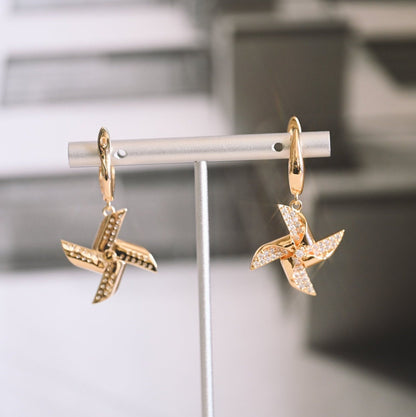 4pcs Gold Windmill Dangle Earrings: 18K Gold Plated Brass, CZ Pave Earring (ER-068)