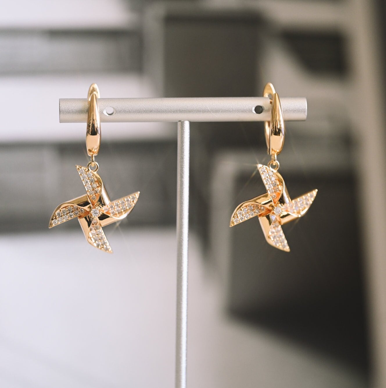 4pcs Gold Windmill Dangle Earrings: 18K Gold Plated Brass, CZ Pave Earring (ER-068)