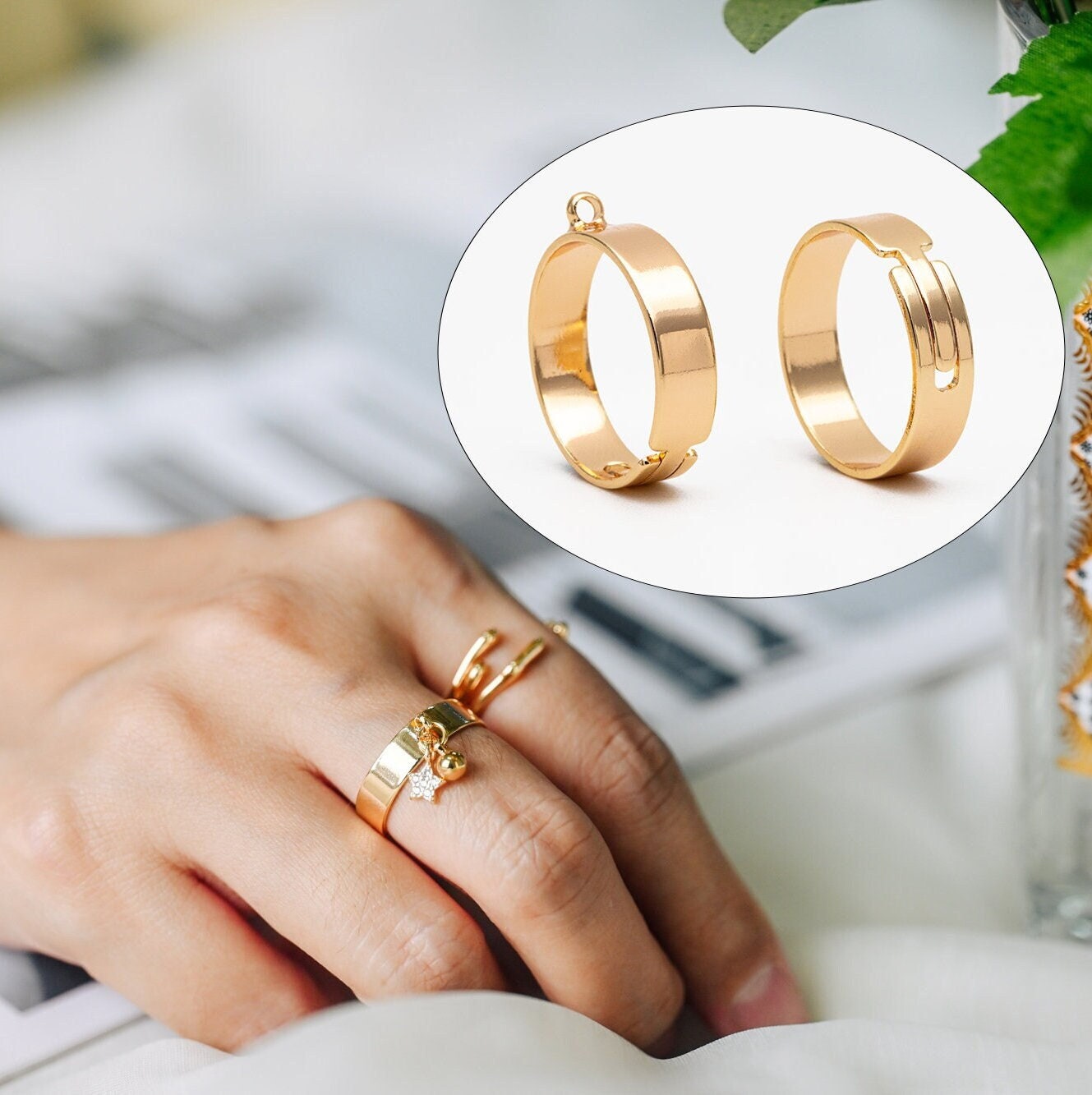 4pcs Gold/ Silver Adjustable Ring With Loop, Gold/ Rhodium plated Brass, Charm Ring Blanks, DIY Ring Making Supplies (#GB-3647)