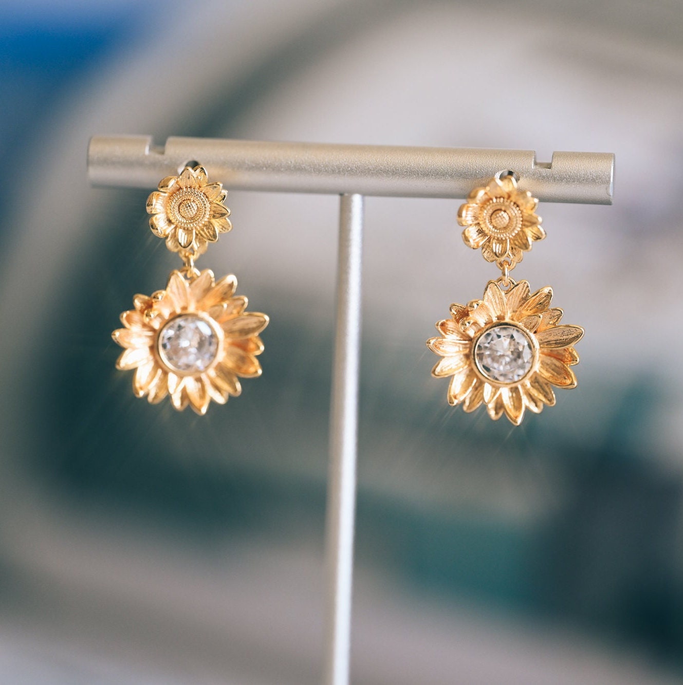 Gold Sunflower Earrings, Flower Earrings, Everyday Earrings, Sunflower Jewelry, Gift For Her (ER-092-3)