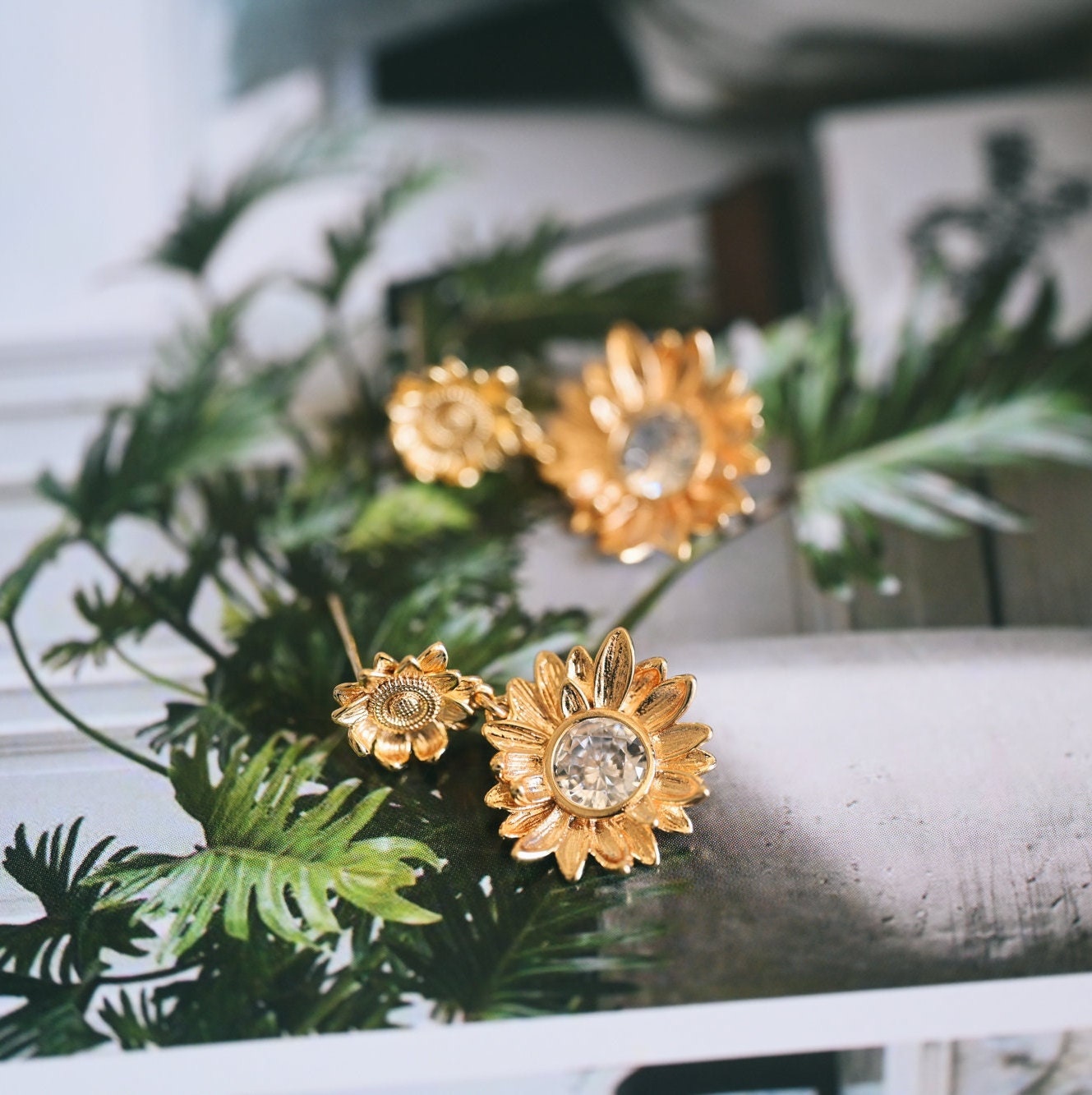 4pcs Gold Sunflower Earrings, Flower Earrings, Everyday Earrings, Sunflower Jewelry, Gift For Her (ER-092-3)