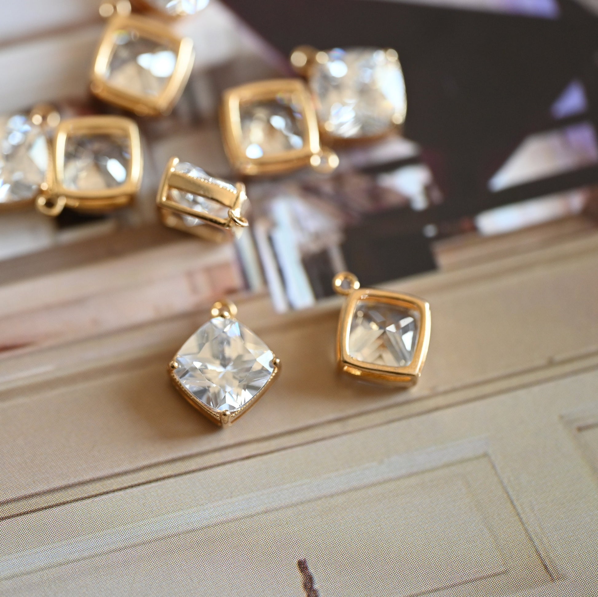 10pcs Clear CZ Square Charms 8x10mm/ 10x12mm, Gold Plated Brass Rhombus Pendants (GB-044)