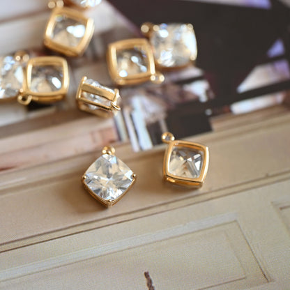 10pcs Clear CZ Square Charms 8x10mm/ 10x12mm, Gold Plated Brass Rhombus Pendants (GB-044)