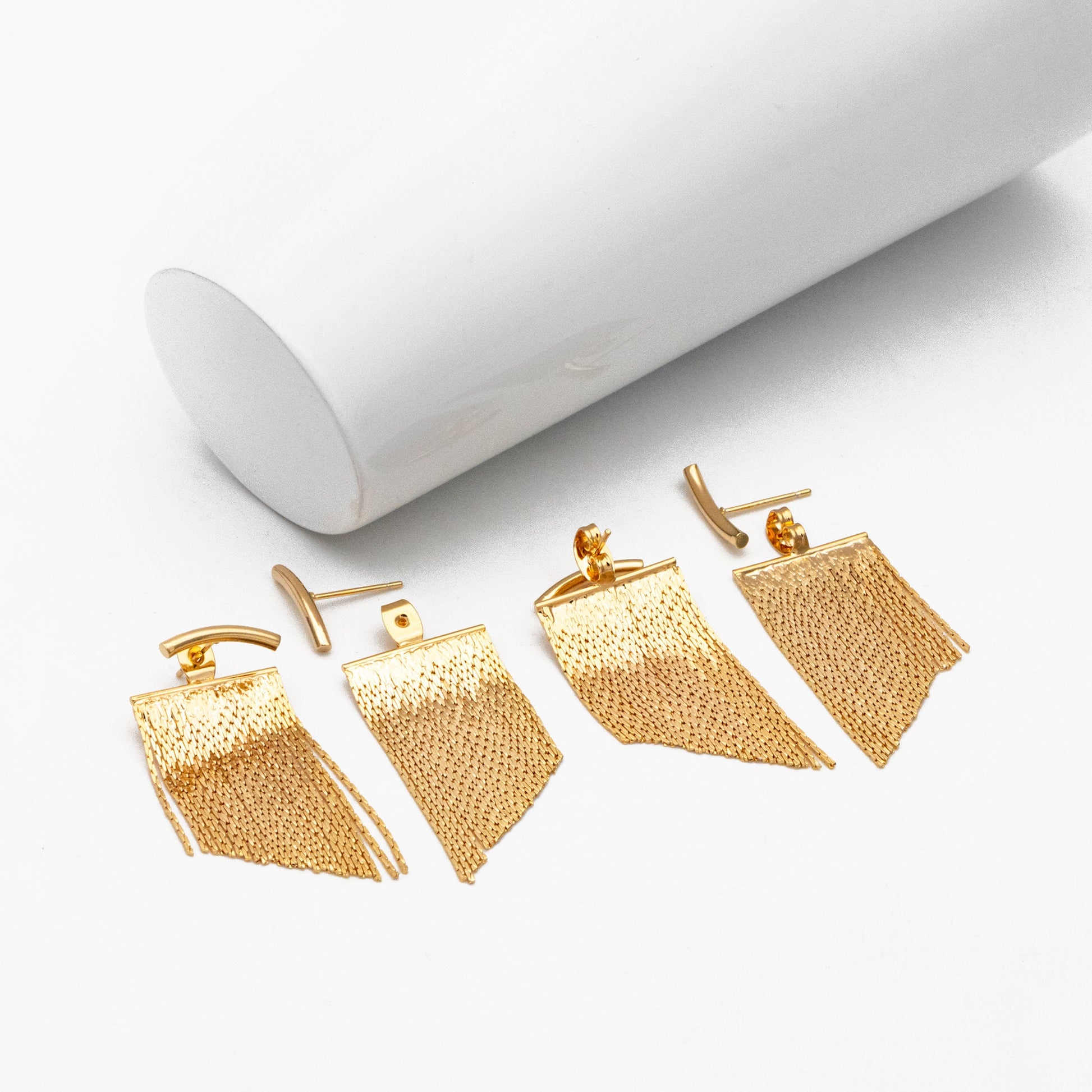 4pcs Gold Curved Bar Ear Post with Tassel Ear Back, 18K Gold plated Brass, Tassel Stud Earring, Dainty Dangling Earrings (GB-3763)
