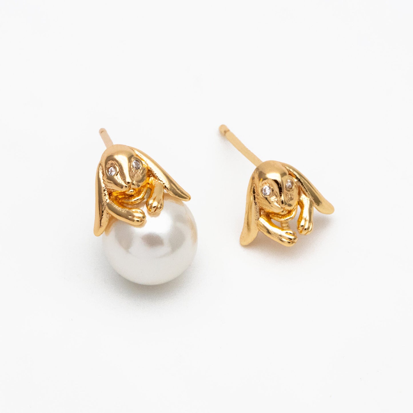 10pcs CZ Pave Rabbit Earring, Bunny Stud Earrings, Pearl Peg Earring Mounts, Half Drilled Pearl Earring Settings (#GB-3797)