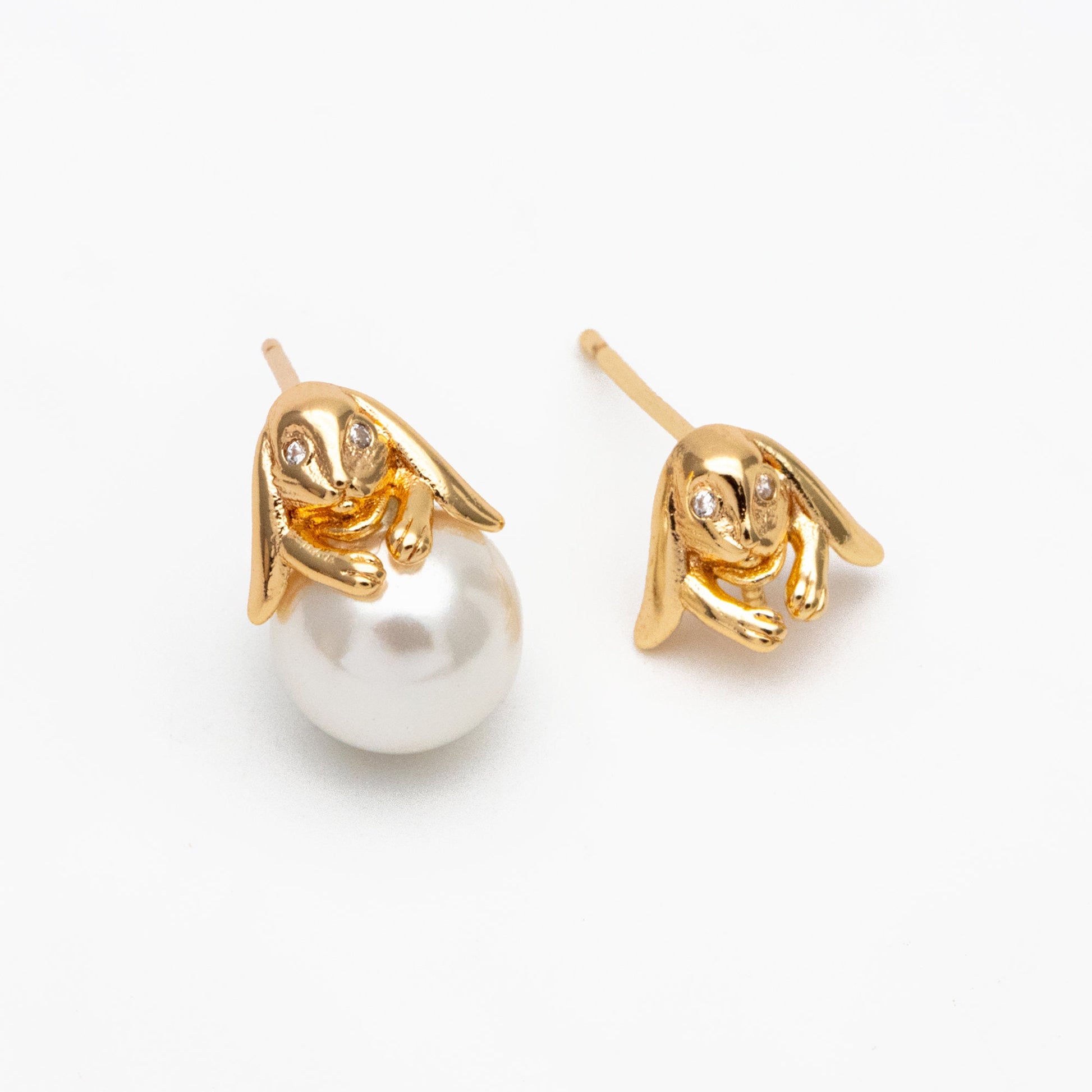 10pcs CZ Pave Rabbit Earring, Bunny Stud Earrings, Pearl Peg Earring Mounts, Half Drilled Pearl Earring Settings (#GB-3797)