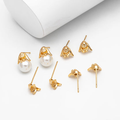 10pcs CZ Pave Rabbit Earring, Bunny Stud Earrings, Pearl Peg Earring Mounts, Half Drilled Pearl Earring Settings (#GB-3797)