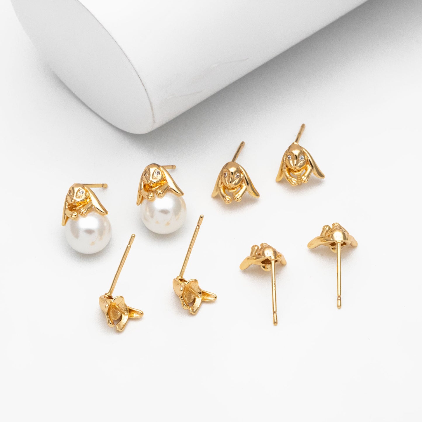 10pcs CZ Pave Rabbit Earring, Bunny Stud Earrings, Pearl Peg Earring Mounts, Half Drilled Pearl Earring Settings (#GB-3797)