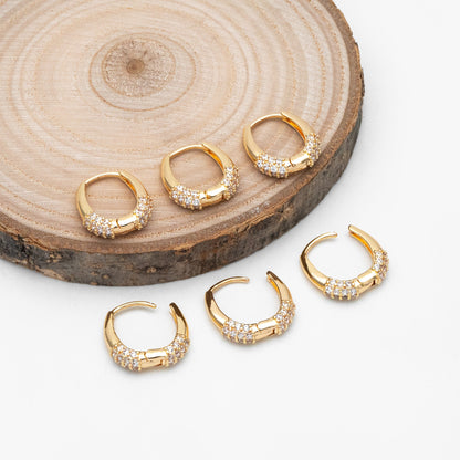 4pcs CZ Pave Gold Oval Hoop Earrings, Gold plated Brass, Dainty Geometric Earring Hoops (GB-3801)