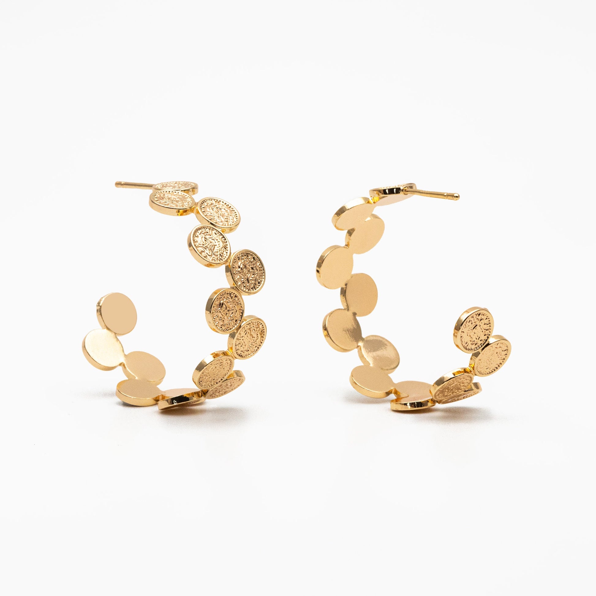 4pcs Gold Textured Disc Round Circle Ear Posts 33mm, Gold plated Brass, Geometric Hoop Stud Earrings (GB-3802)