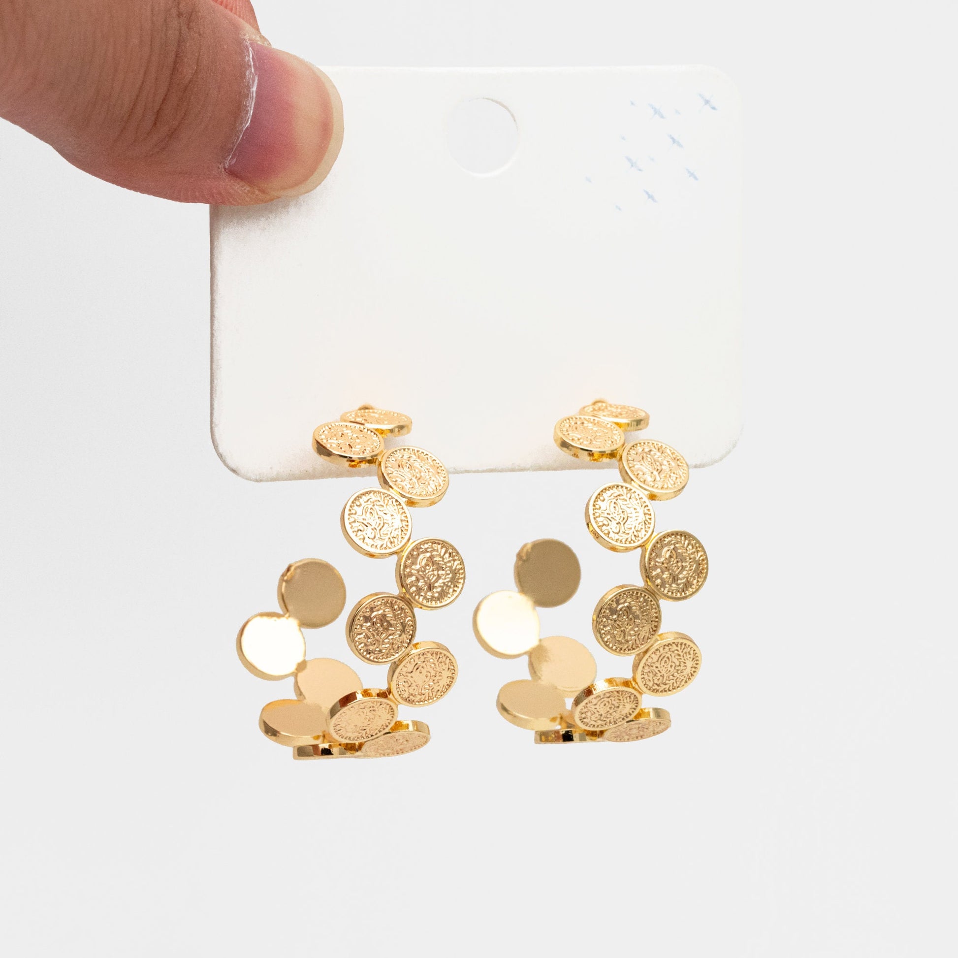 4pcs Gold Textured Disc Round Circle Ear Posts 33mm, Gold plated Brass, Geometric Hoop Stud Earrings (GB-3802)