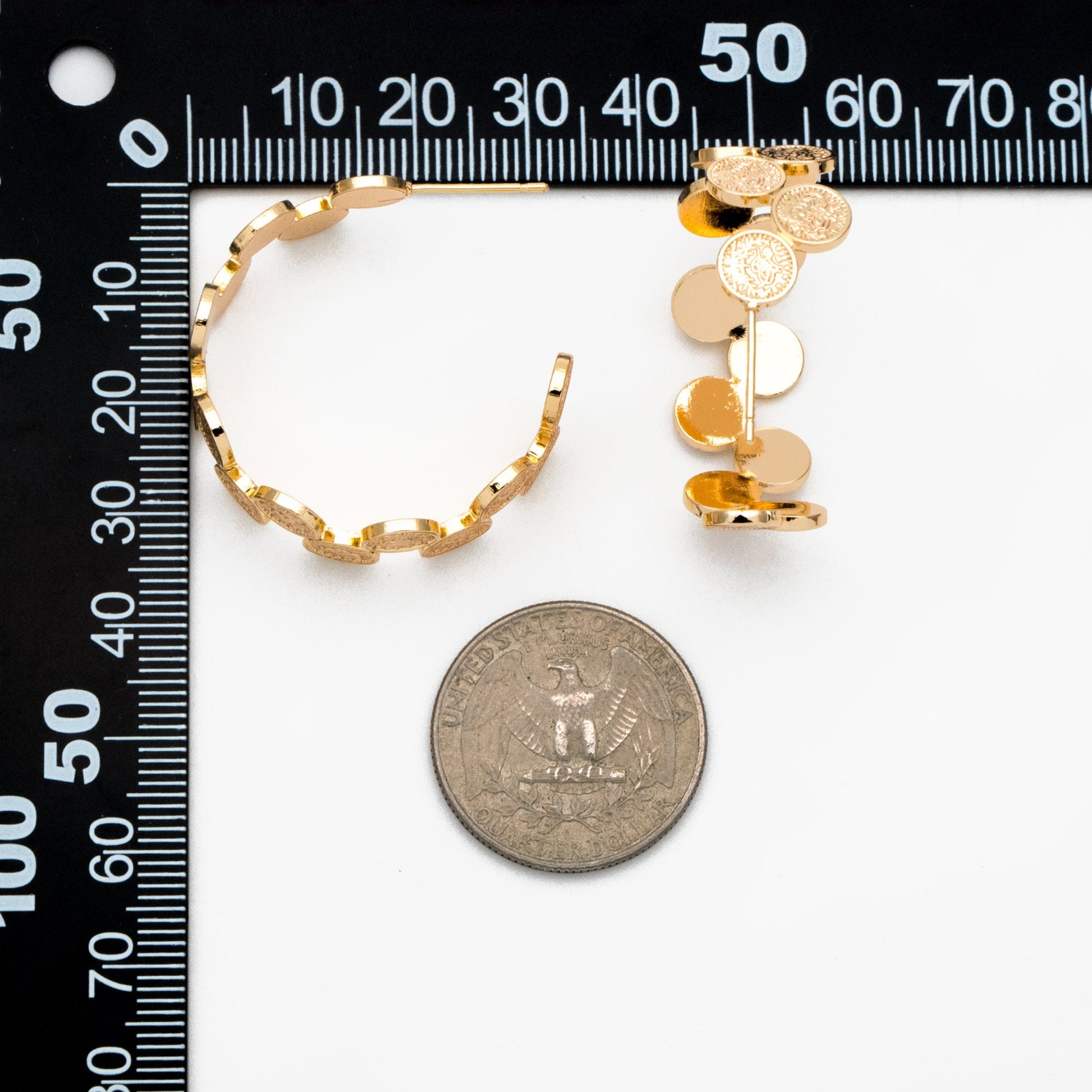 4pcs Gold Textured Disc Round Circle Ear Posts 33mm, Gold plated Brass, Geometric Hoop Stud Earrings (GB-3802)