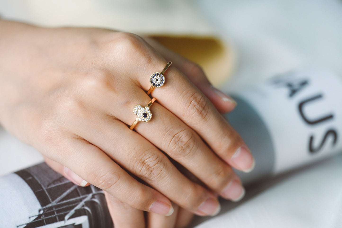 4pcs Gold Evil Eye Ring, CZ Round Ring, Dainty Stackable Ring, Protection Ring for Women (#GB-3660)