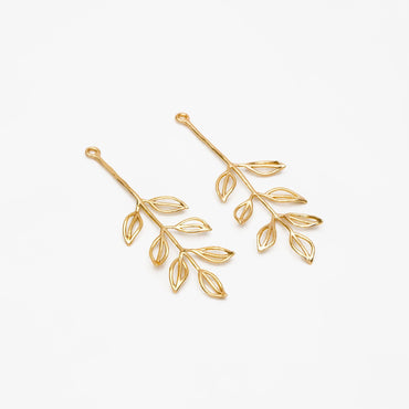 10pcs Gold Leaf Charm 42x15mm, Gold plated Brass, Dainty Branch Pendant (GB-4425-E)