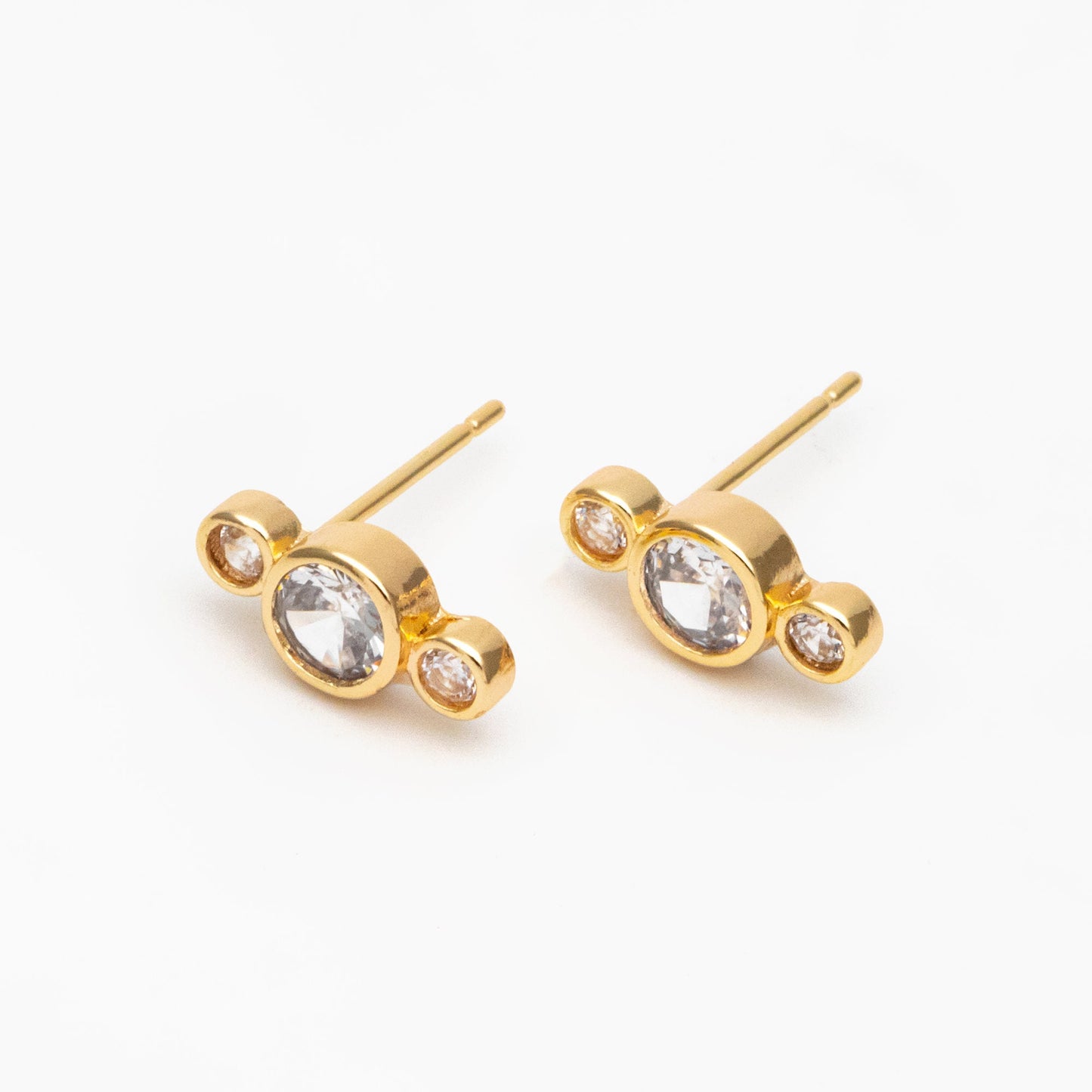 10pcs CZ Pave Trio Round Ear Posts 12x5.5mm, Gold Plated Brass Dainty Stud Earrings (GB-3765)