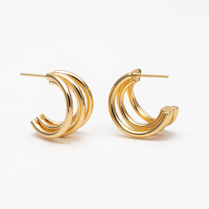 4pcs Gold Five Band Hoop Stud Earrings, Gold plated Brass, Round Circle Earrings (GB-3766)