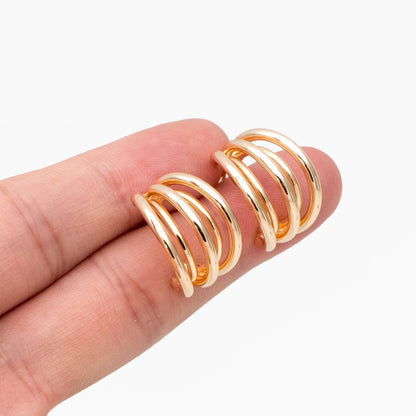 4pcs Gold Five Band Hoop Stud Earrings, Gold plated Brass, Round Circle Earrings (GB-3766)