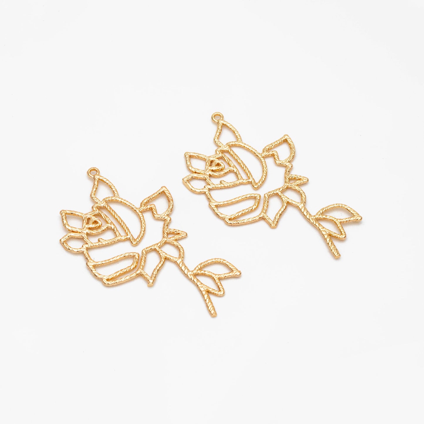 10pcs Gold Hollow Rose Charms 39x25mm, Real Gold plated Brass, Flower Earring Pendants (GB-120-E)