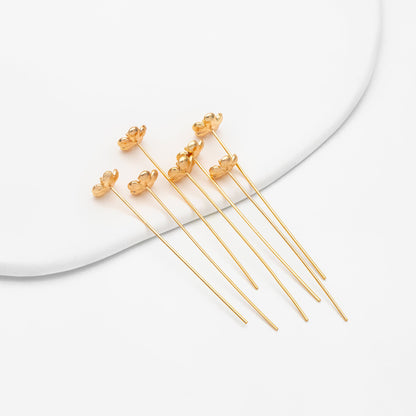 10pcs Gold Flower Head Pins, Gold plated Brass Headpins (GB-3773)