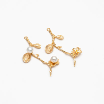 10pcs Gold Branch Connector, 18K Gold plated Brass Flower Charms, Peg Pearl Findings (GB-3622-H)