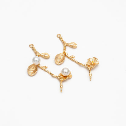 10pcs Gold Branch Connector, 18K Gold plated Brass Flower Charms, Peg Pearl Findings (GB-3622-H)