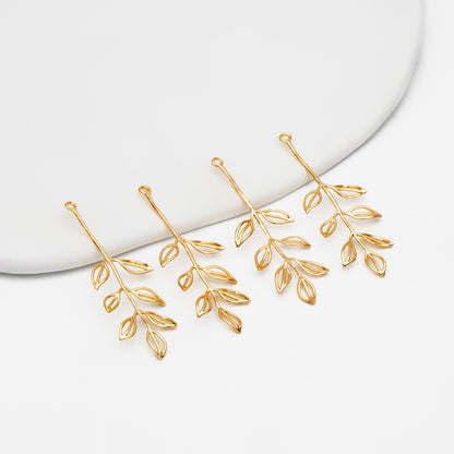 10pcs Gold Leaf Charm 42x15mm, Gold plated Brass, Dainty Branch Pendant (GB-4425-E)