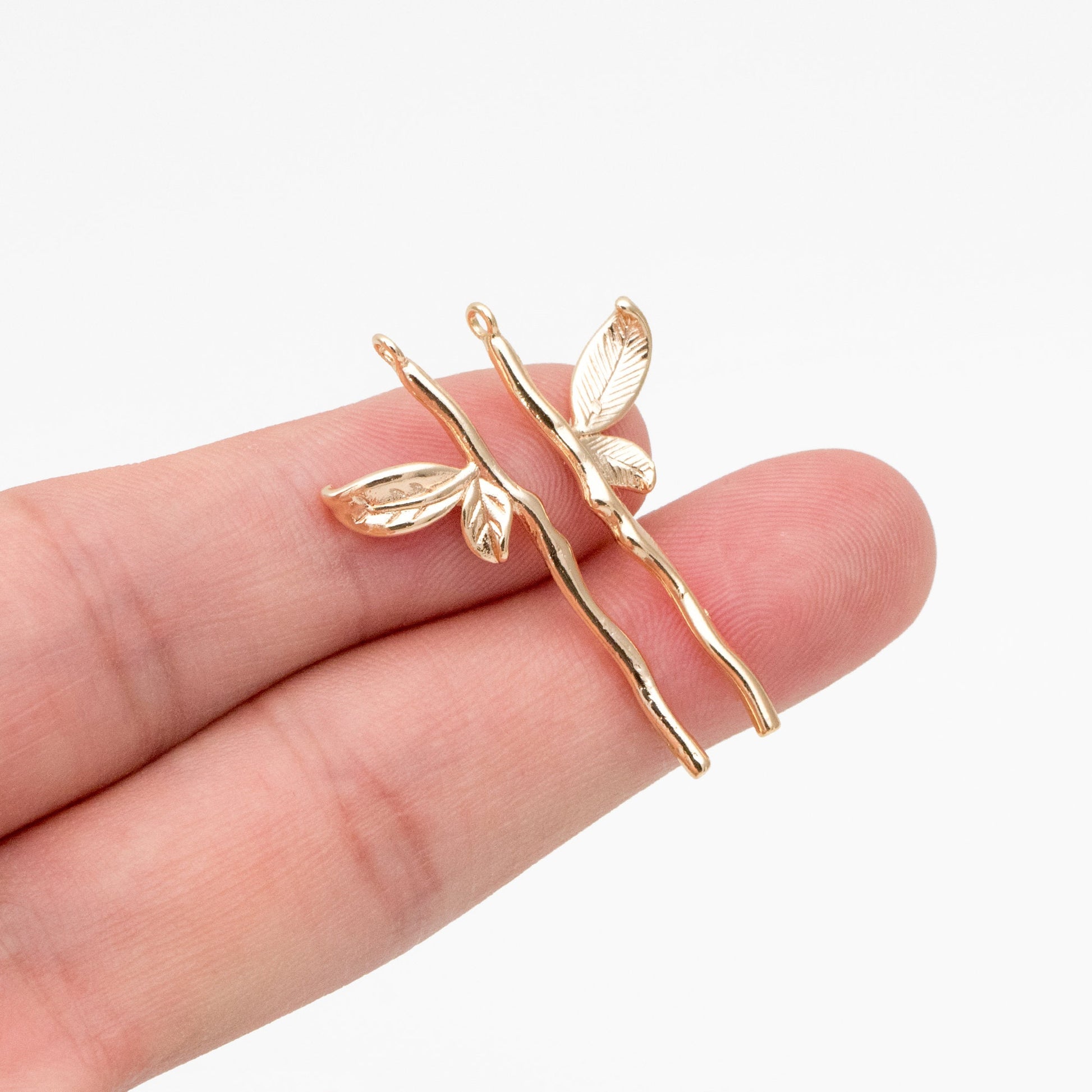 10pcs Gold Plated Branch Leaf Charms: Jewelry Making Supplies, 34x11mm (GB-3770-E)