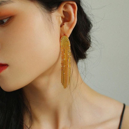 4pcs CZ Pave Chain Tassel Earrings, Long Tassel Stud Earring, Gold Dangling Earrings, Minimalist Earrings (GB-3672)